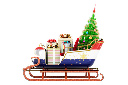 The Netherlands flag painted on the Christmas Santa sleigh, full of gifts and Christmas tree. 3D rendering