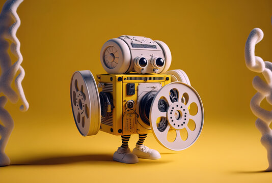 On a yellow background, a contemporary white washing machine figure mascot is holding a film reel with cinema tape. Generative AI