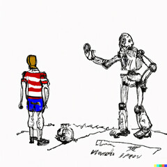 a robot referee stopping a player druing a football match