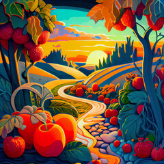 Lush Fruit growing in an orchard during golden hour