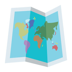 World Map vector flat sticker sign. Isolated design rectangular map of the world. depicted as a paper map creased at its folds, Earth’s surface shown in green on blue ocean.