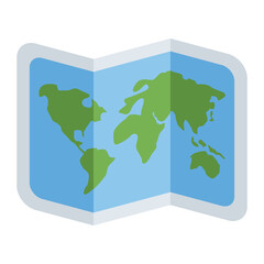 World Map vector flat sticker sign. Isolated design rectangular map of the world. depicted as a paper map creased at its folds, Earth’s surface shown in green on blue ocean.