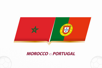 Morocco vs Portugal in Football Competition, Quarter finals. Versus icon on Football background.