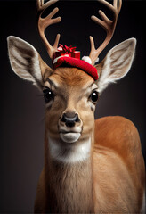 reindeer in santa hat with christmas gift