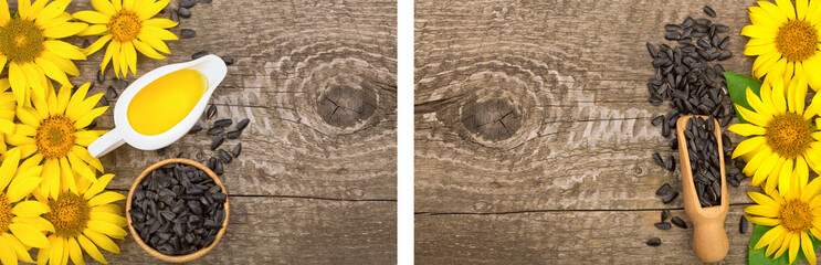 Sunflower oil, seeds and flower on wooden background with copy space for your text. Top view
