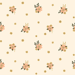 Seamless floral pattern in rustic style. Pretty ditsy print, romantic flower design with small bouquets, tiny flowers, leaves in a liberty arrangement on a light background. Vector illustration.