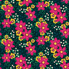 Seamless floral pattern with decorative art meadow. Cute flower print, colorful ditsy design with small plants: daisy flowers, leaves, grass on dark background. Vector botanical illustration.