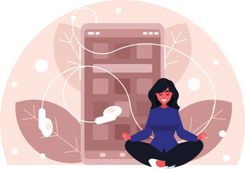 Woman doing yoga with music. The girl sits in the lotus position. The female character relaxes. Charging to raise the energy of the body. Smartphone with headphones. Listening to music. Phone screen