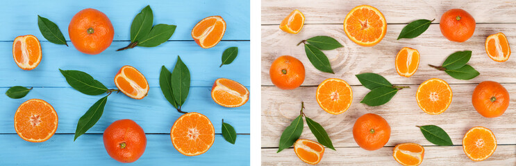 orange or tangerine with leaves on blue wooden background. Flat lay, top view. Fruit composition