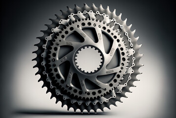 50 teeth of front gear on a road bike. worn out compared to the new cycling equipment. Generative AI
