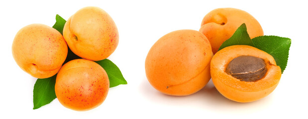 Apricot fruit with leaves isolated on white background,Top view. Flat lay pattern