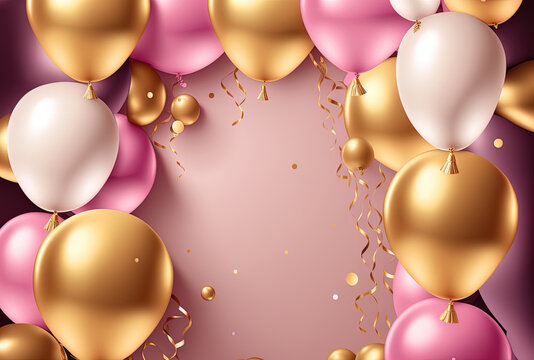 Illustration of a luxurious balloon party background in pink and gold. Generative AI