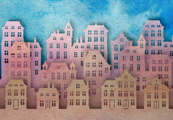 Colorful paper art style urban landscape with watercolor texture. House silhouettes under blue sky.