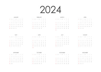 Calendar 2024 template vector, simple minimal design, Week Starts sunday.