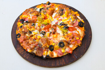 Delicious mixed pizza with rich content. Menu concept of choice and diversity. Karisik pizza