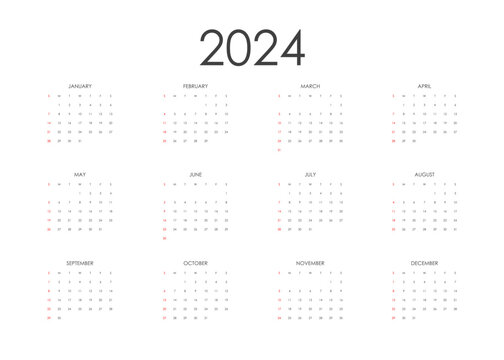 Calendar 2024 template vector, simple minimal design, Week Starts sunday.