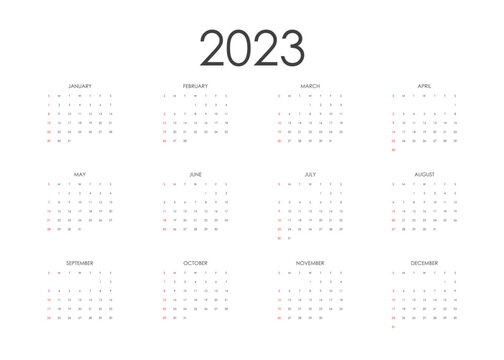 2023 Calendar. The week starts on Sunday.