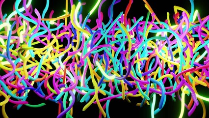 3d abstract background with neon light, multicolored flashes of light bulbs of unusual shapes. Curved lines flash bright. Motion design bg. 3d render