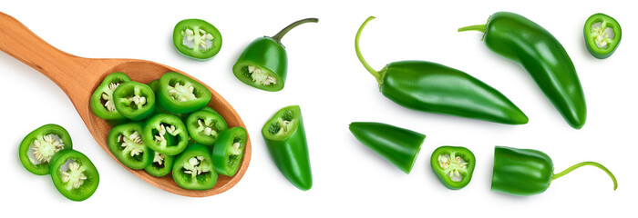 sliced jalapeno pepper in wooden bowl isolated on white background. Green chili pepper . Top view. Flat lay