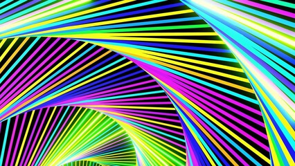 3d render. Abstract geometric bg with rings form complex twisted spiral and light effects. Rings flash neon multicolor lights. Neon ring bulbs for show or events, festivals or concerts