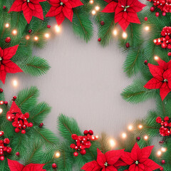 Fototapeta na wymiar Big Set Of Christmas Fir Garlands With Poinsettia Red Berries Cones And Jingle Bells, Vector Illustration, Generative AI