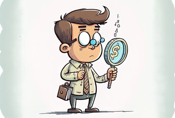 On a white backdrop, a cartoon is holding a stack of $100 dollars and a magnifying glass. Generative AI