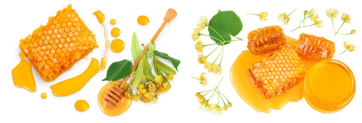 Honeycombs and honey puddle with stick and Linden flowers isolated on white background. Top view. Flat lay