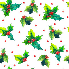 Christmas wrapping paper. Watercolor illustration in a realistic style. Seamless pattern with a branch and berries of holly on a green background. New year decoration.