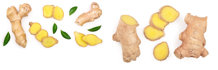 fresh Ginger root and slice isolated on white background with copy space for your text. Top view....