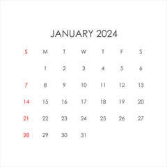 Calendar for January 2024 in a minimalistic style. Vector
