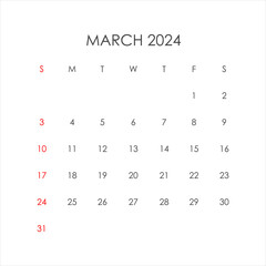 Calendar for March 2024 in a minimalistic style. Vector