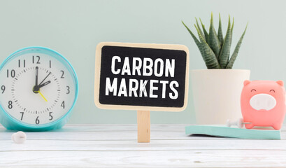 CARBON MARKETS. text on white sticker on wood background