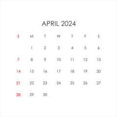 April 2024 calendar in minimalist style. Vector EPS10