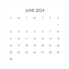 June 2024 calendar in minimalist style. Vector EPS10