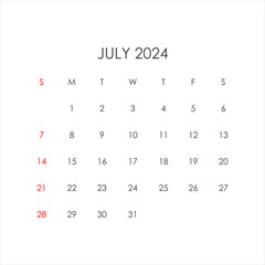 July 2024 calendar in minimalist style. Vector EPS10
