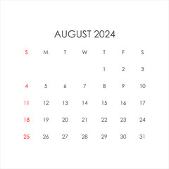 Calendar for august 2024 in a minimalist style. Vector EPS10