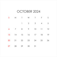 October 2024 calendar in a minimalistic style. Vector