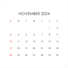 November 2024 calendar in a minimalist style. Vector