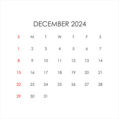 Calendar for December 2024 in a minimalist style. Vector