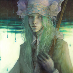 Ethereal water elf, nix with green hair and cylinder hat