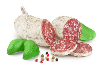 Cured salami sausage isolated on white background. Italian cuisine with full depth of field