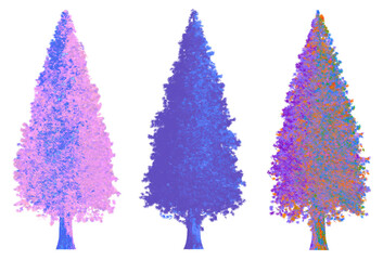 Christmas coniferous trees (set) with bluish shadows, with astonishing garish veins. Dreamlike gala kit. Isolated on transparent. png format. - obrazy, fototapety, plakaty