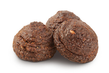 chocolate cookie with kerob, banana, cashew, sunflower seeds and coconut paste isolated on white background. Healthy food, gluten-free, flour-free