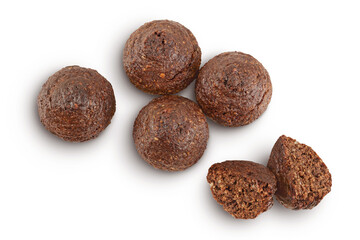chocolate cookie with kerob, banana, cashew, sunflower seeds isolated on white background. Healthy food, gluten-free, flour-free. Top view. Flat lay.