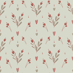 Soft pattern with heart shaped flowers on the light-green background. Vector illustration