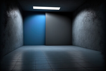 Studio background and floor view of a barren room with a black concrete wall and blue soft lighting. Generative AI