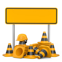 Set of safety helmets or hard hats and traffic cones, road sign on white