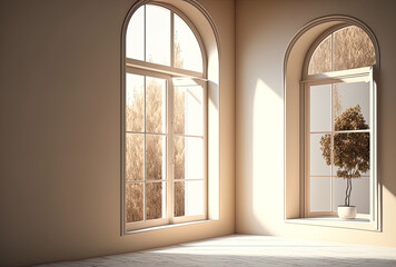 windows in a beige vacant room with real interior decor. Generative AI