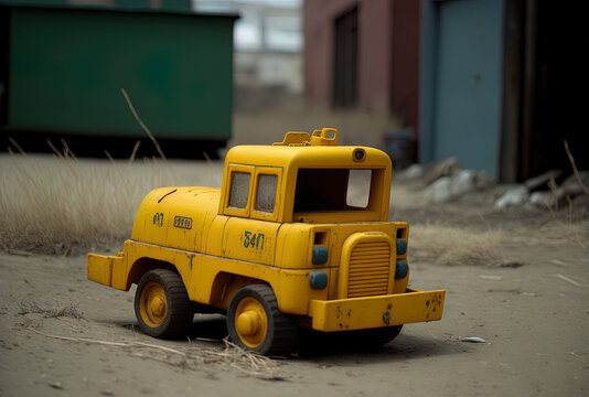 In the yard, a yellow toy vehicle. Generative AI