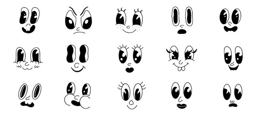 Retro 30s cartoon and comics characters faces. Traditional emotions vector elements. Vintage characters creator for trending illustration. - obrazy, fototapety, plakaty